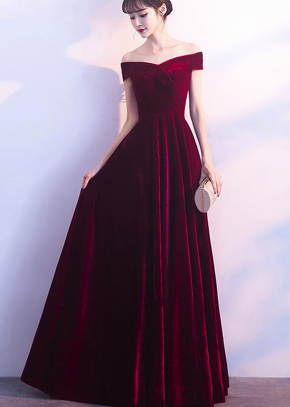 Wine Red Off Shoulder Velvet Long Wedding Party Dress, Charming Formal Gown Secondary image