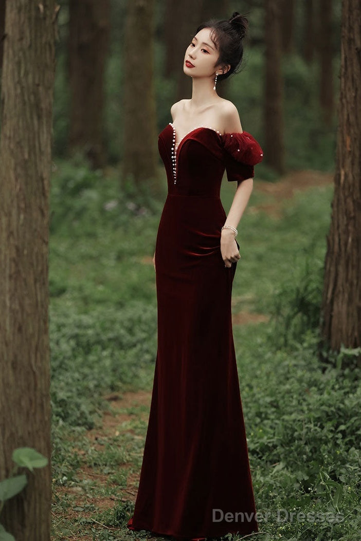 Wine Red Off Shoulder Velvet Mermaid Wedding Party Dress, Wine Red Long Prom Dress Secondary image