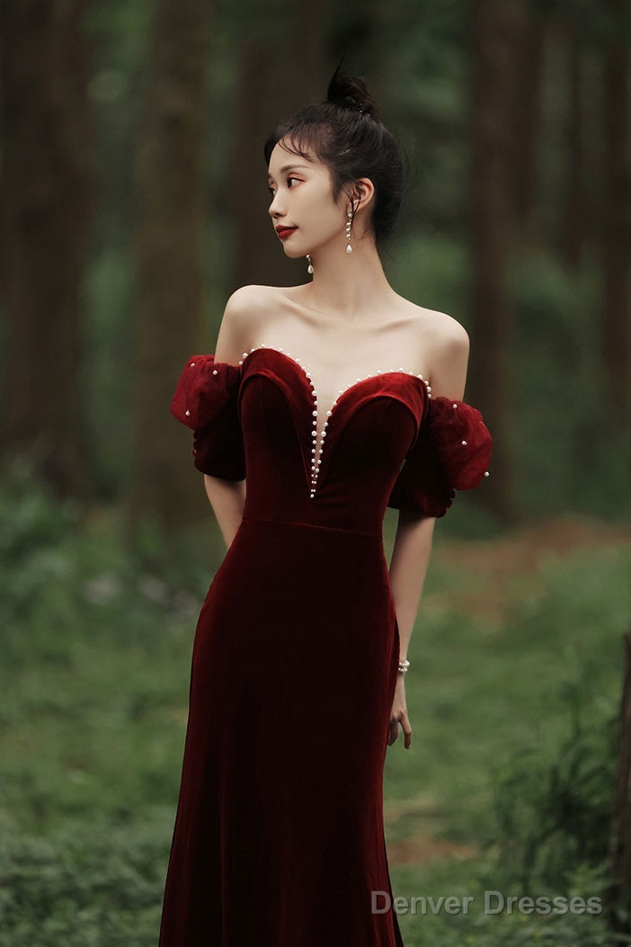 Wine Red Off Shoulder Velvet Mermaid Wedding Party Dress, Wine Red Long Prom Dress