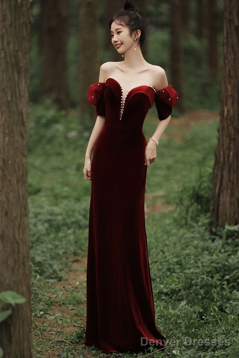 Wine Red Off Shoulder Velvet Mermaid Wedding Party Dress, Wine Red Long Prom Dress Main image