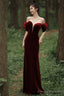Wine Red Off Shoulder Velvet Mermaid Wedding Party Dress, Wine Red Long Prom Dress