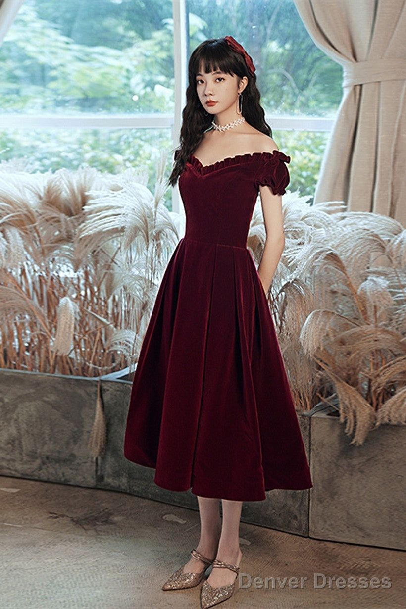 Wine Red Off Shoulder Velvet Tea Length Party Dress, Velvet Prom Dress Homecoming Dress Secondary image