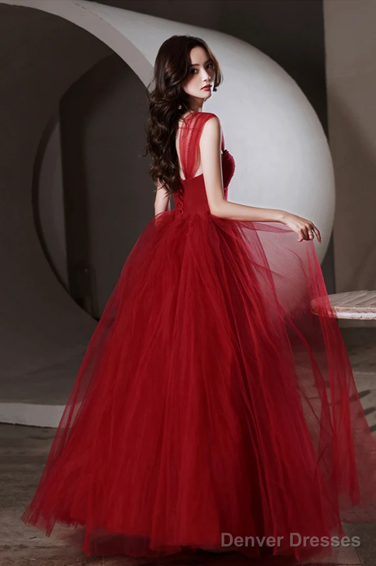 Wine Red Off Shouldertulle Long A-Line Prom Dress, Wine Red Sweetheart Evening Dress