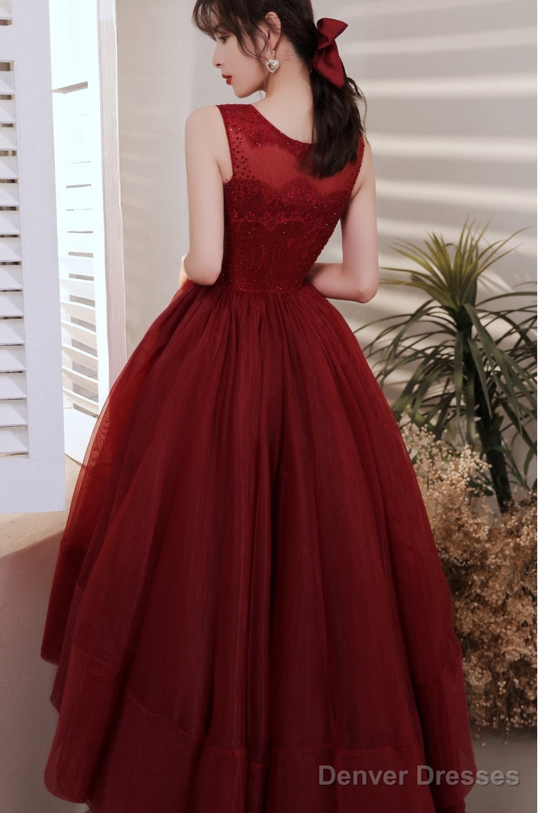 Wine Red Organza Lace High Low Chic Party Dresses Prom Dress, Wine Red Homecoming Dresses