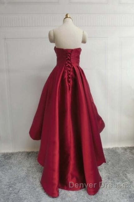 Wine Red Pretty High Low Party Dress, Wine Red Homecoming Dress, Lace-Up Junior Prom Dress