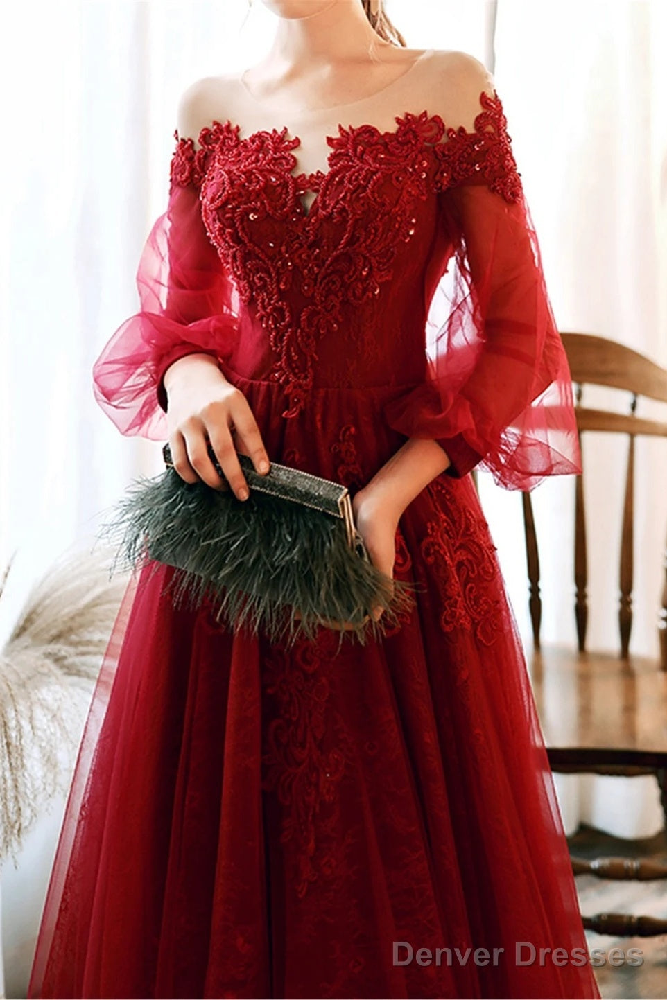 Wine Red Prom Dress Lace Evening Dress Party Dress, A-Line Wine Red Formal Dress