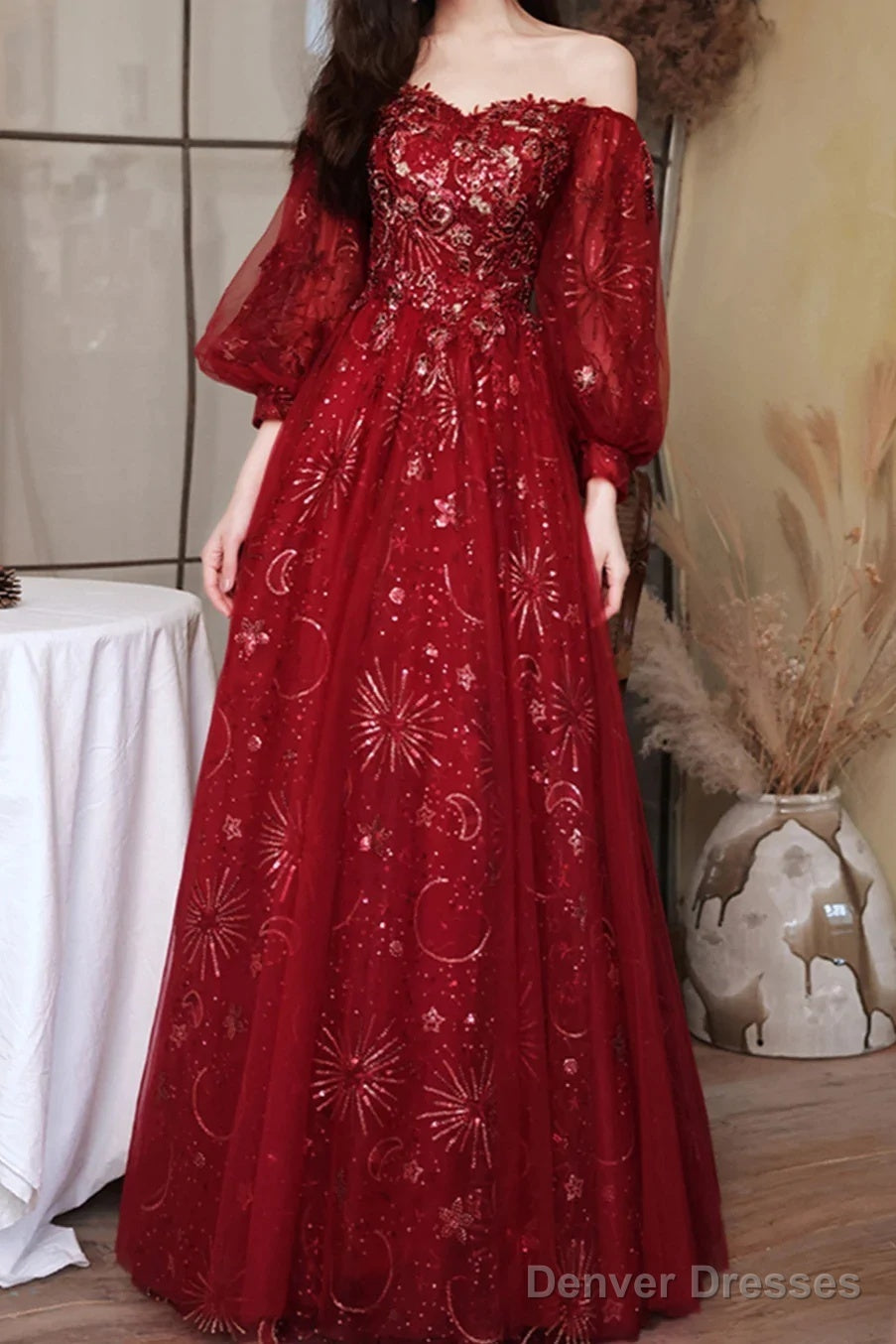 Wine Red Puffy Sleeves Tulle Long Party Dress, A-Line Wine Red Floor Length Prom Dress Secondary image