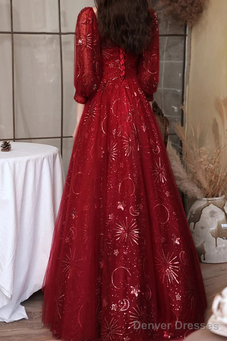 Wine Red Puffy Sleeves Tulle Long Party Dress, A-Line Wine Red Floor Length Prom Dress