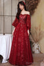 Wine Red Puffy Sleeves Tulle Long Party Dress, A-Line Wine Red Floor Length Prom Dress