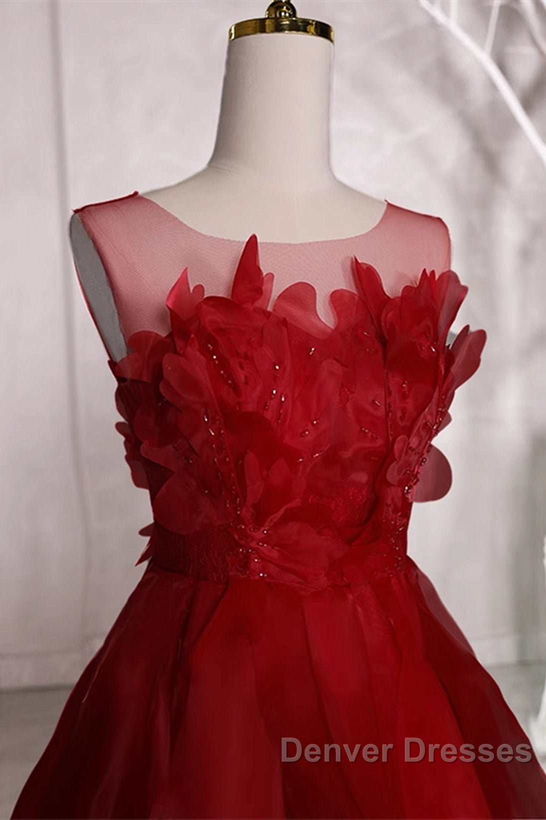 Wine Red Round Neckline A-Line Beaded Party Dress, Wine Red Long Prom Dress