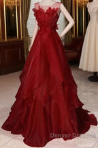 Wine Red Round Neckline A-Line Beaded Party Dress, Wine Red Long Prom Dress