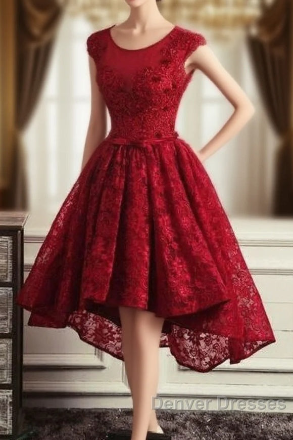 Wine Red Round Neckline Lace High Low Homecoming Dress, High Low Formal Dress Main image