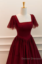 Wine Red Satin A-Line Floor Length Party Dress, Wine Red Evening Dress