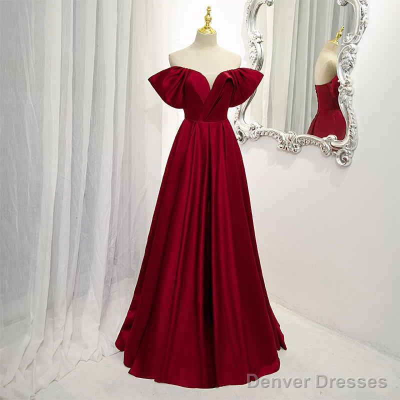 Wine Red Satin A-line Floor Length Party Dresses, Burgundy Long Formal Dresses Main image
