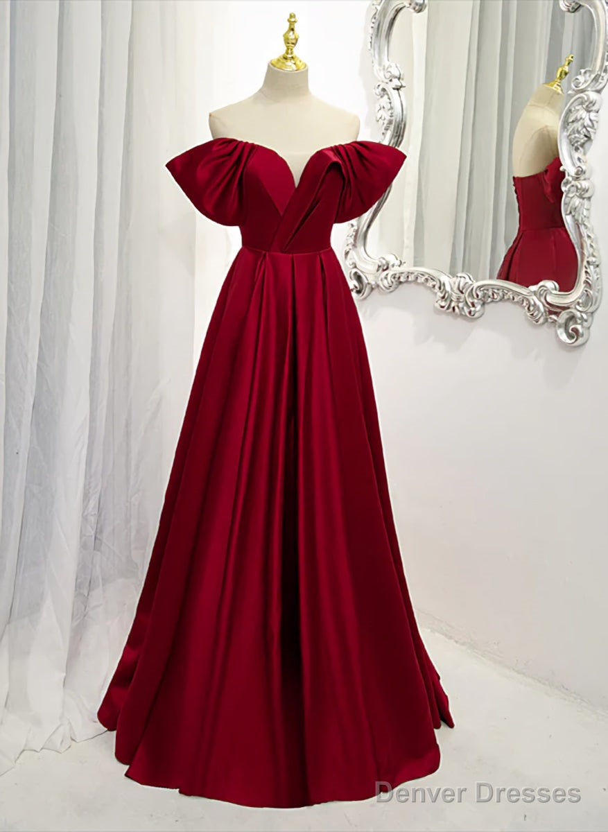 Wine Red Satin A-line Floor Length Party Dresses, Burgundy Long Formal Dresses Secondary image