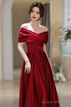 Wine Red Satin A-Line Off Shoulder Long Party Dress, Wine Red Simple Prom Dress