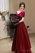 Wine Red Satin A-Line Off Shoulder Long Party Dress, Wine Red Simple Prom Dress
