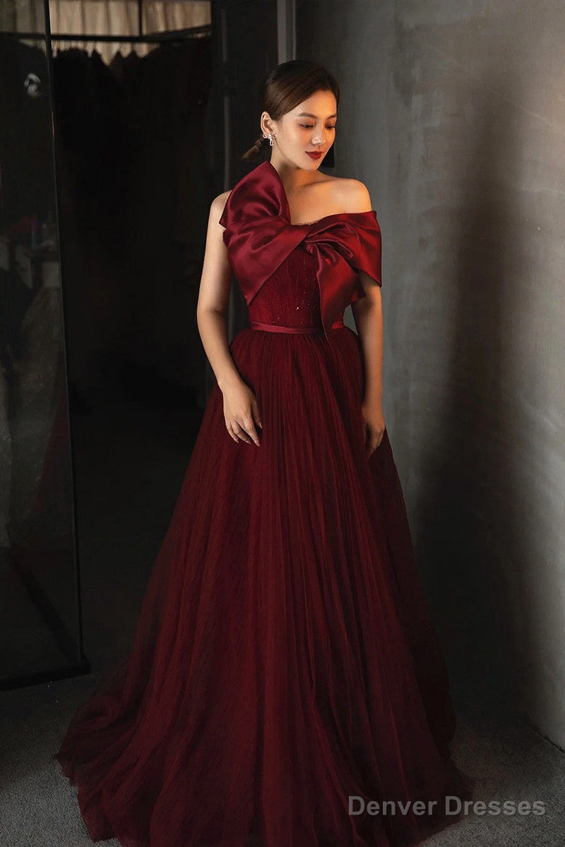 Wine Red Satin and Tulle A-line Simple Prom Dress, Floor Length Party Dress Main image