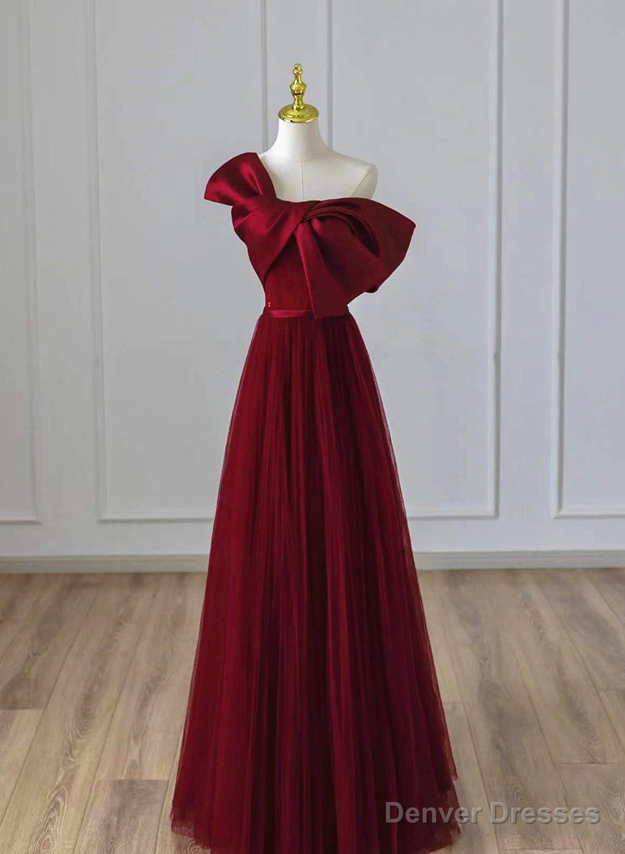 Wine Red Satin and Tulle A-line Simple Prom Dress, Floor Length Party Dress Secondary image