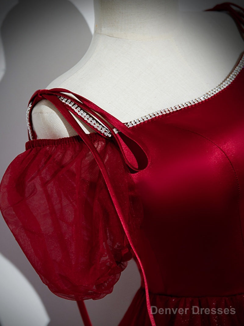 Wine Red Satin and Tulle Straps Long Prom Dress, Wine Red Off Shoulder Party Dress