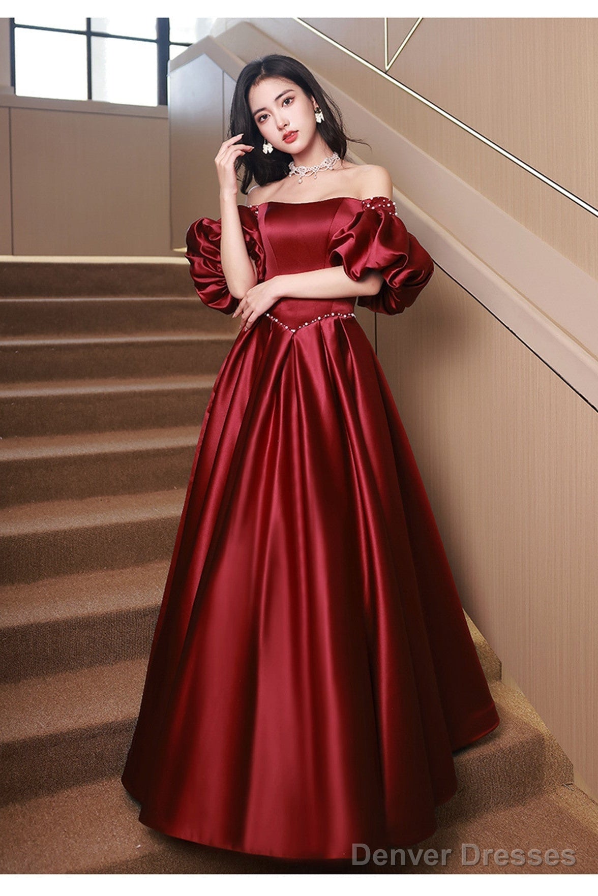 Wine Red Satin Beaded Chic Long Party Dress, Wine Red Puffy Sleeves Prom Dress