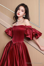 Wine Red Satin Beaded Chic Long Party Dress, Wine Red Puffy Sleeves Prom Dress