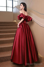 Wine Red Satin Beaded Chic Long Party Dress, Wine Red Puffy Sleeves Prom Dress