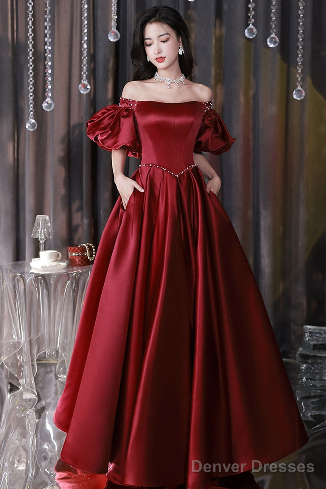 Wine Red Satin Beaded Chic Long Party Dress, Wine Red Puffy Sleeves Prom Dress Main image