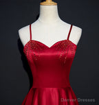 Wine Red Satin Beaded Sweetheart Party Dress, A-line Wine Red Prom Dress