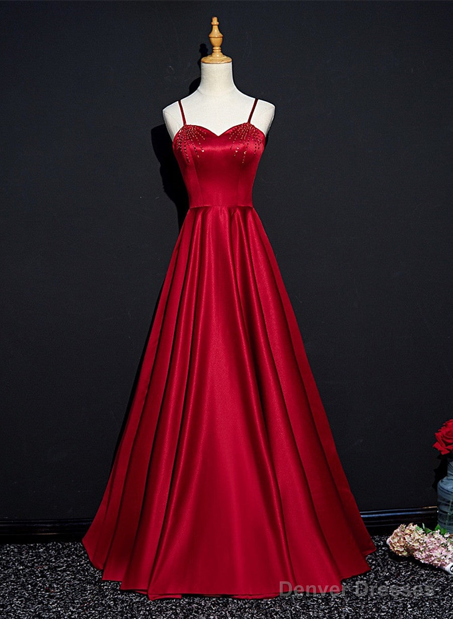 Wine Red Satin Beaded Sweetheart Party Dress, A-line Wine Red Prom Dress