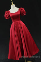 Wine Red Satin Bridesmaid Dress Party Dress, Tea Length Prom Dress