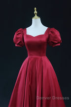 Wine Red Satin Bridesmaid Dress Party Dress, Tea Length Prom Dress