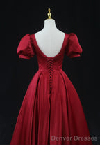 Wine Red Satin Bridesmaid Dress Party Dress, Tea Length Prom Dress