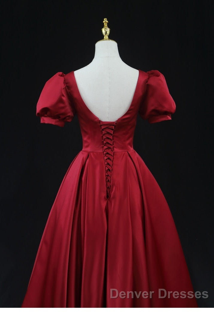 Wine Red Satin Bridesmaid Dress Party Dress, Tea Length Prom Dress