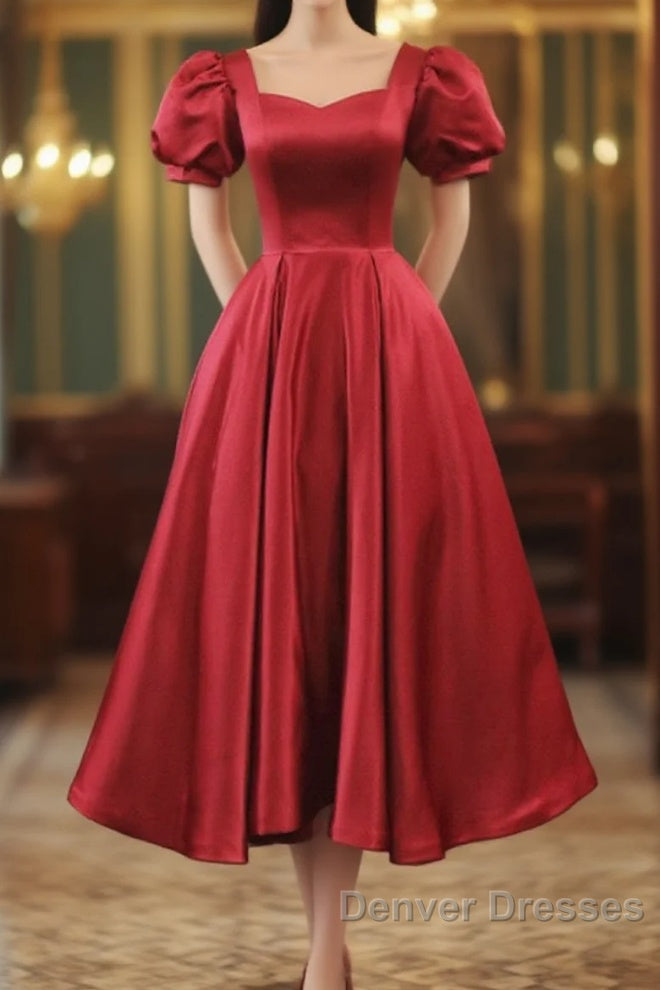 Wine Red Satin Bridesmaid Dress Party Dress, Tea Length Prom Dress Main image