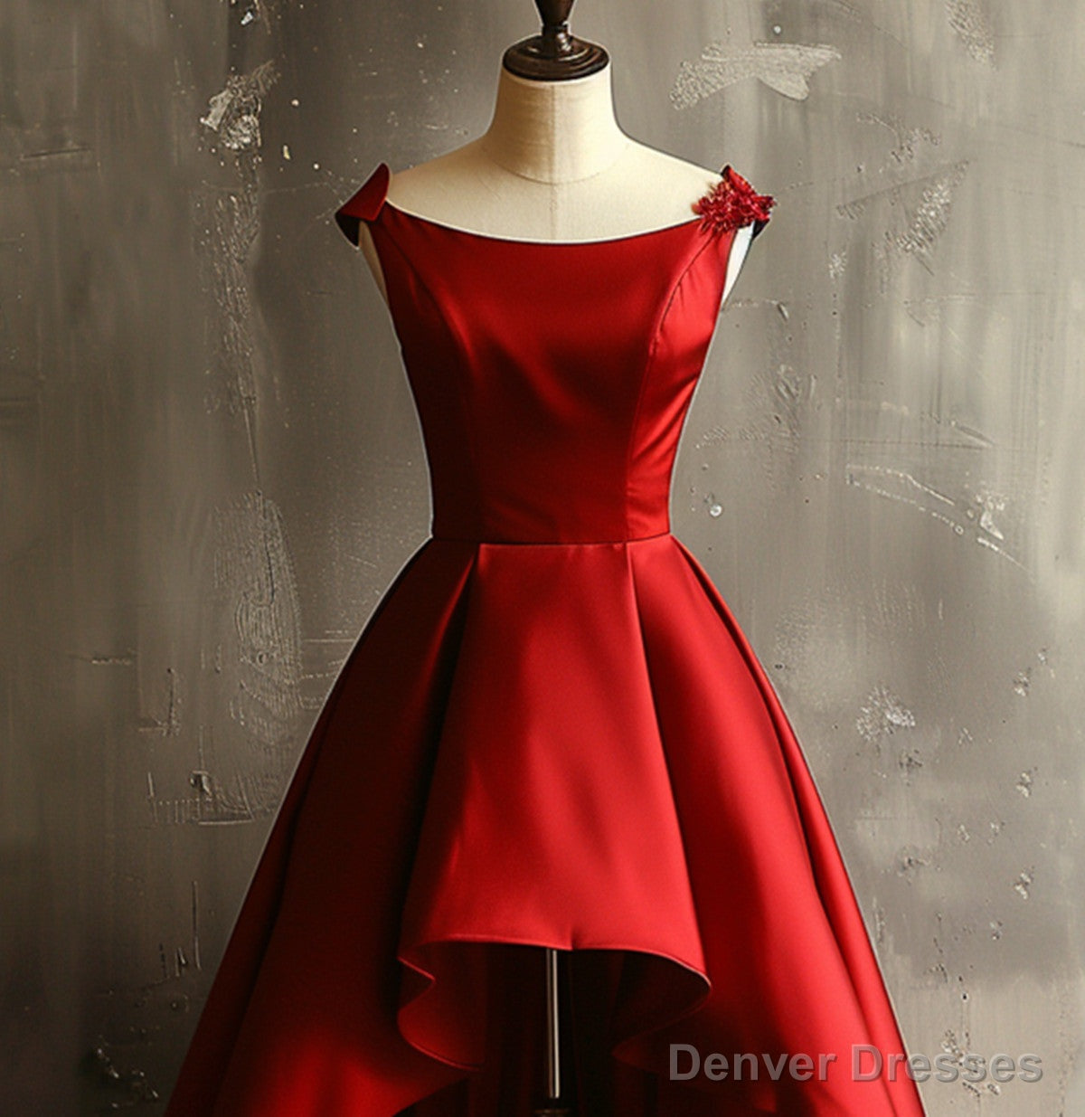Wine Red Satin High Low Round Neckline Party Dress, Wine Red Homecoming Dress Secondary image
