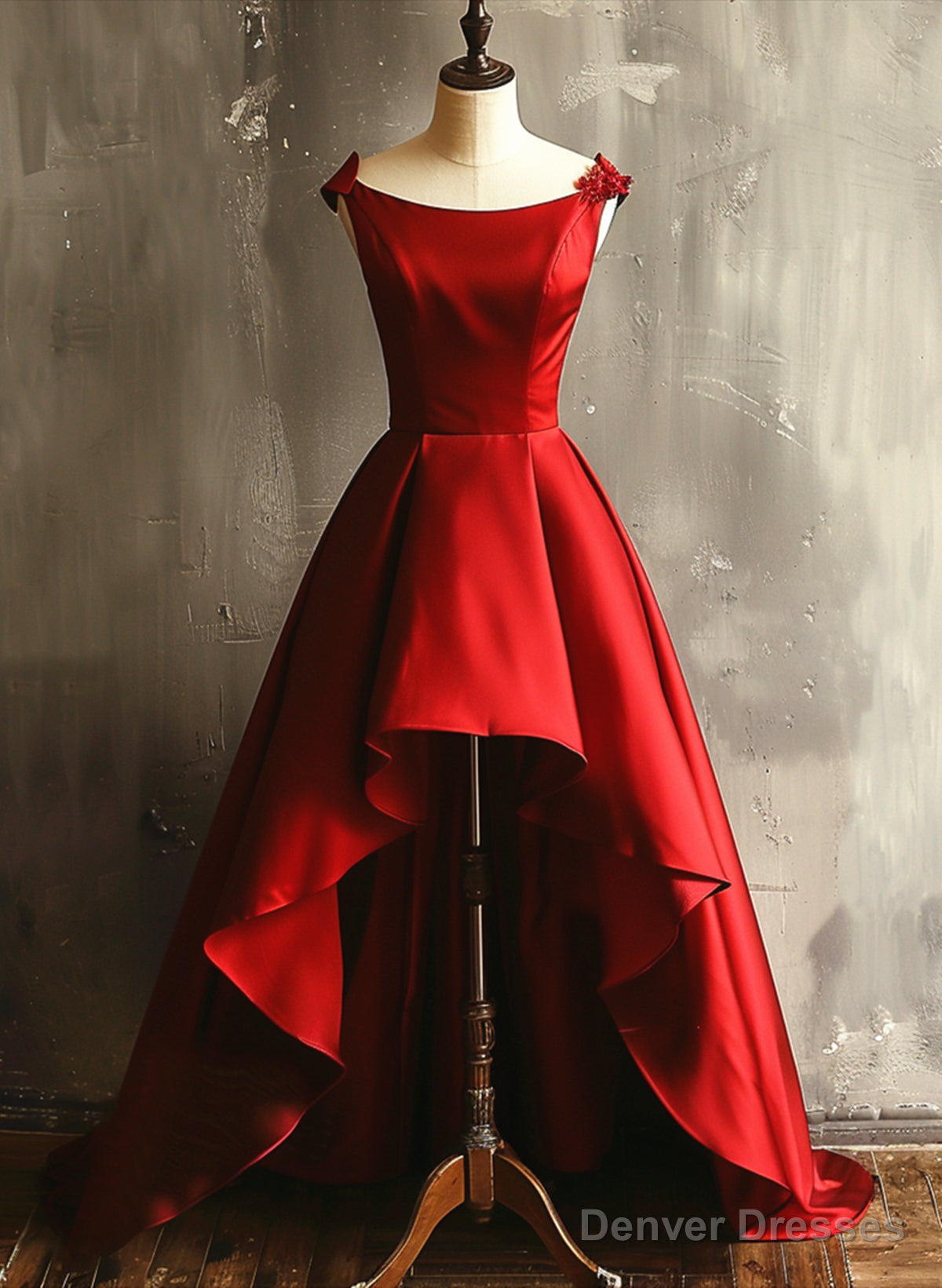 Wine Red Satin High Low Round Neckline Party Dress, Wine Red Homecoming Dress Main image