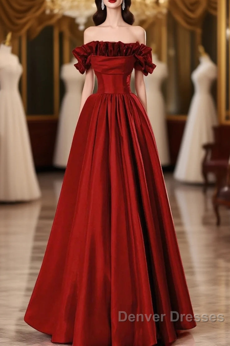 Wine Red Satin Long Prom Dress Party Dress, Wine Red A-Line Long Wedding Party Dress