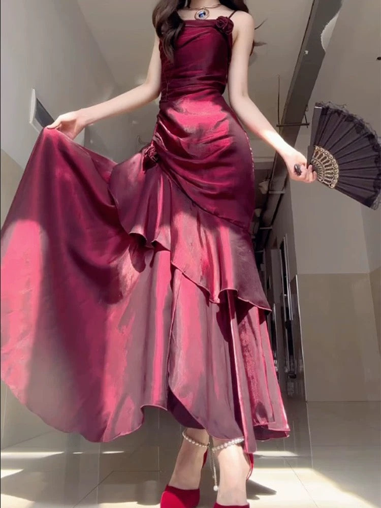Wine Red Satin Long Straps Prom Dress Wine Red A-Line Party Dress