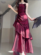 Wine Red Satin Long Straps Prom Dress Wine Red A-Line Party Dress