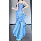 Wine Red Satin Long Straps Prom Dress Wine Red A-Line Party Dress
