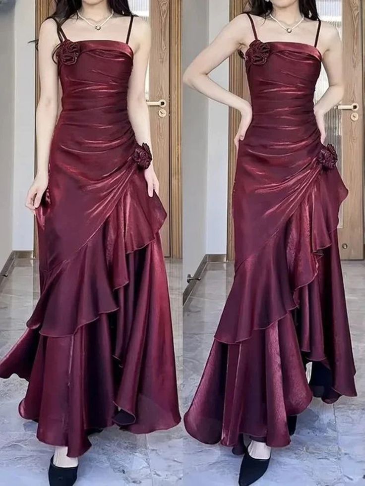 Wine Red Satin Long Straps Prom Dress Wine Red A-Line Party Dress Main image