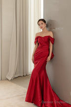 Wine Red Satin Mermaid Long Party Dress With Bow, Wine Red Off Shoulder Prom Dress