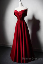 Wine Red Satin Off Shoulder A-Line Party Dress, Wine Red Long Formal Dress Prom Dress
