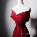 Wine Red Satin Off Shoulder A-Line Party Dress, Wine Red Long Formal Dress Prom Dress