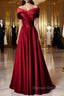Wine Red Satin Off Shoulder A-Line Party Dress, Wine Red Long Formal Dress Prom Dress