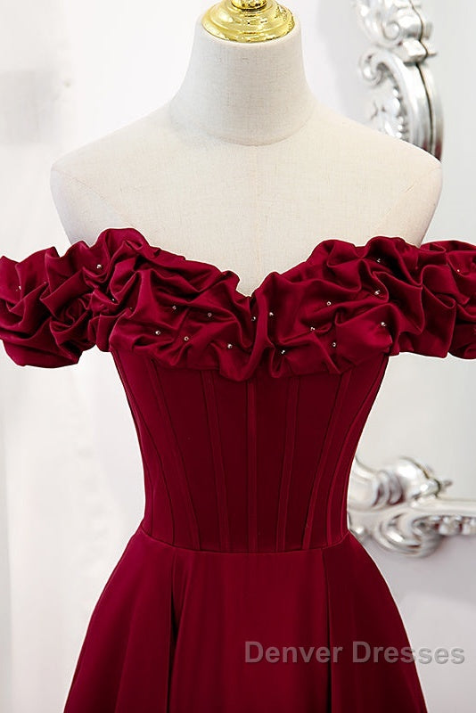 Wine Red Satin Off Shoulder Beaded Long Formal Dress, Wine Red A-Line Prom Dress Secondary image