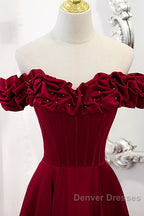 Wine Red Satin Off Shoulder Beaded Long Formal Dress, Wine Red A-Line Prom Dress