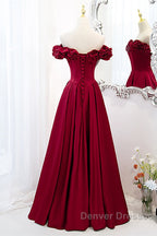Wine Red Satin Off Shoulder Beaded Long Formal Dress, Wine Red A-Line Prom Dress