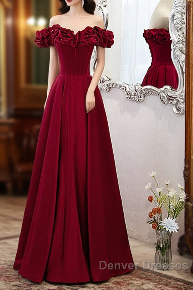 Wine Red Satin Off Shoulder Beaded Long Formal Dress, Wine Red A-Line Prom Dress